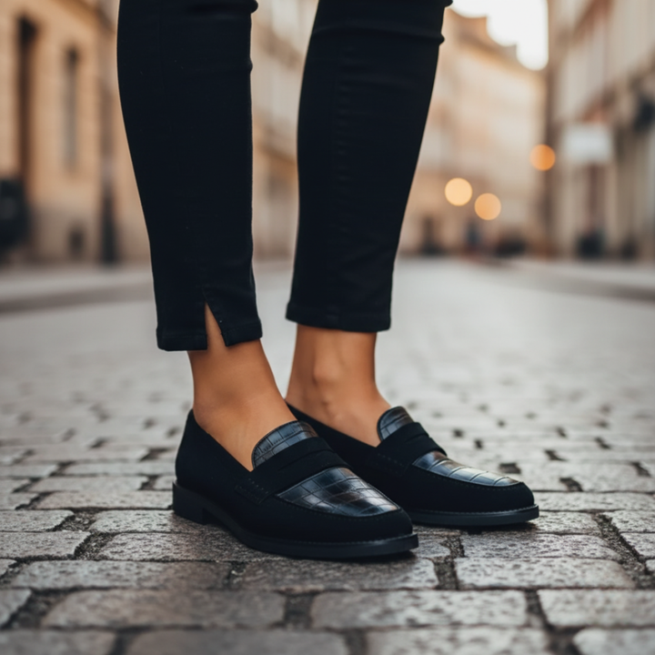 Damen Mokassins aus schwarzem Veloursleder mit Krokodil-Details | Vestea