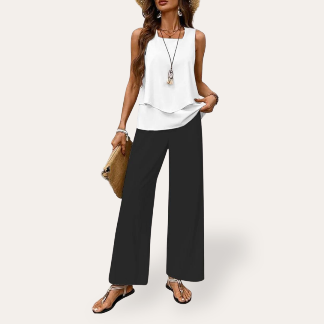 Damen Top mit V-Ausschnitt und weiten Hosen Sommeroutfit | Vestea
