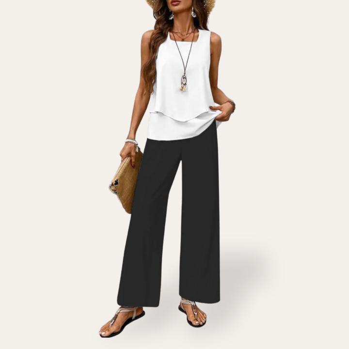 Damen Top mit V-Ausschnitt und weiten Hosen Sommeroutfit | Vestea
