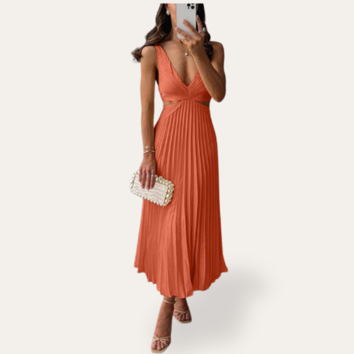 Damen Plisseekleid Midikleid V-Ausschnitt Ärmellos Sommerkleid | Vestea