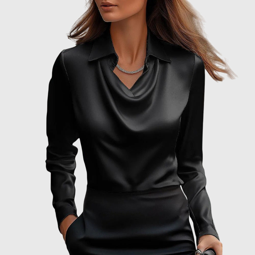 Blouse femme en satin à manches longues, col plissé, boutonnée