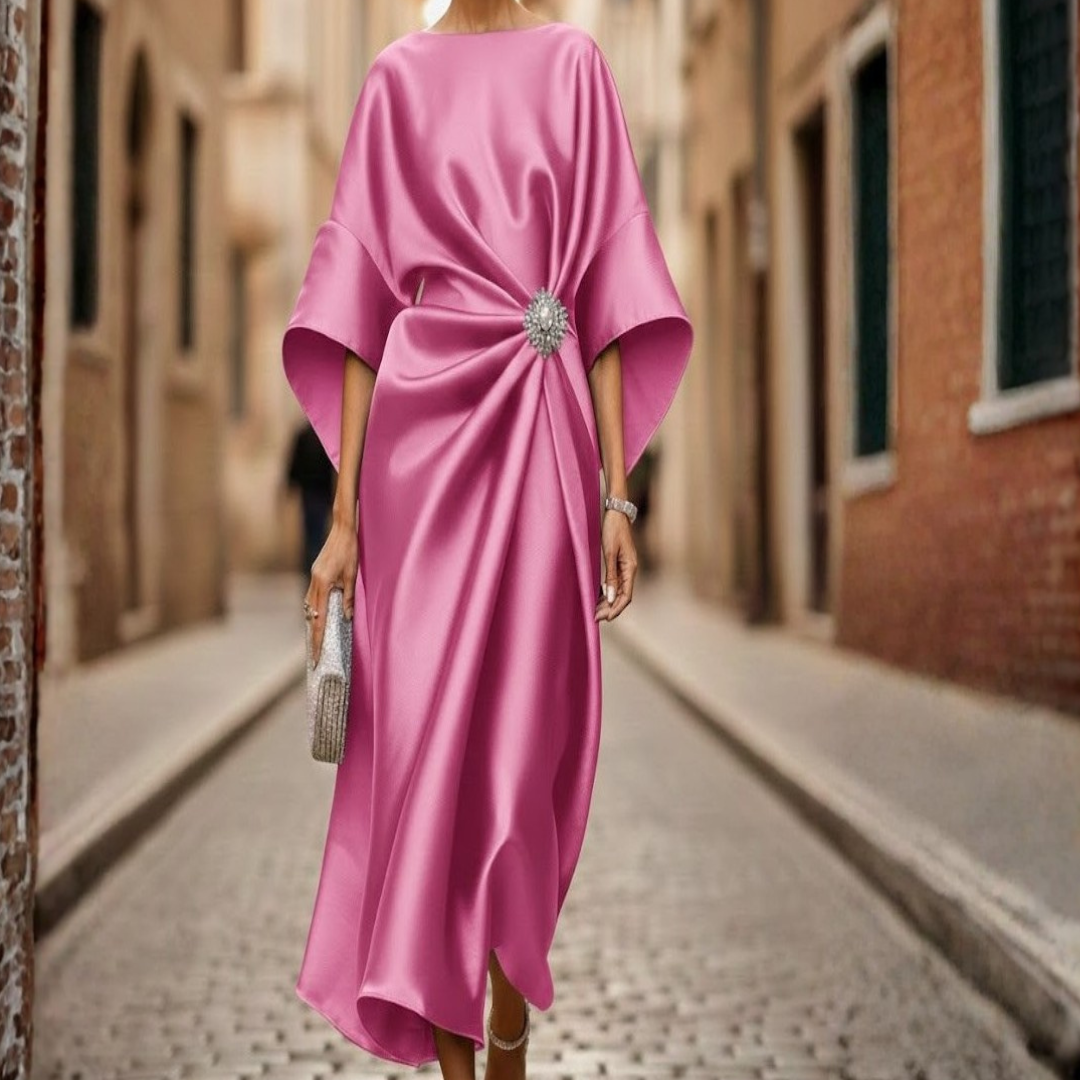 Robe mi-longue pour femme col en V manches coudes jupe évasée