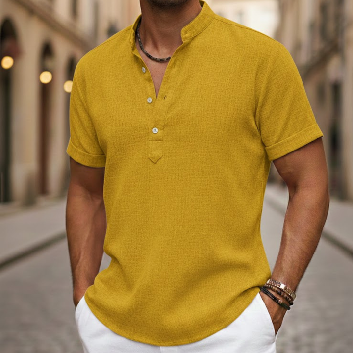 Men Linen Blend Short Sleeve Shirt Henley Collar