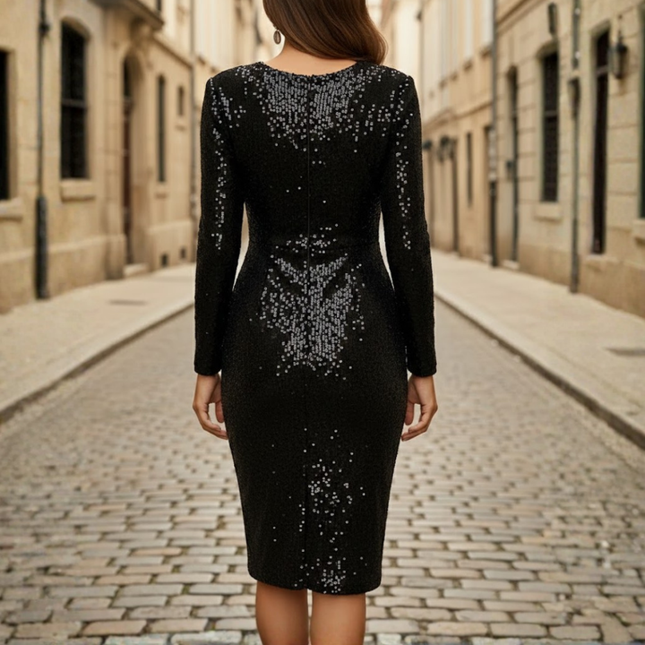 Vestido de cóctel para mujer con mangas largas y acabado brillante