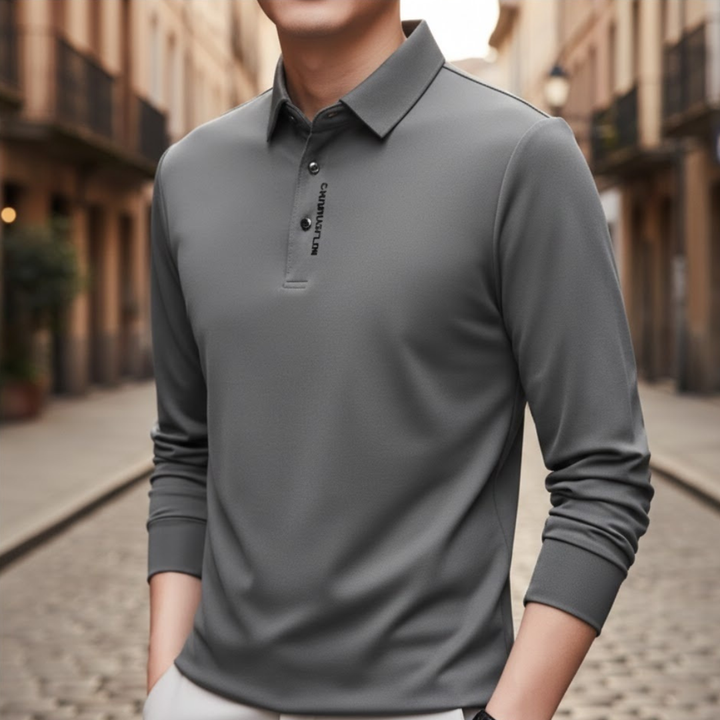 Camisa tipo polo de manga larga para hombre, estilo casual de negocios, color sólido