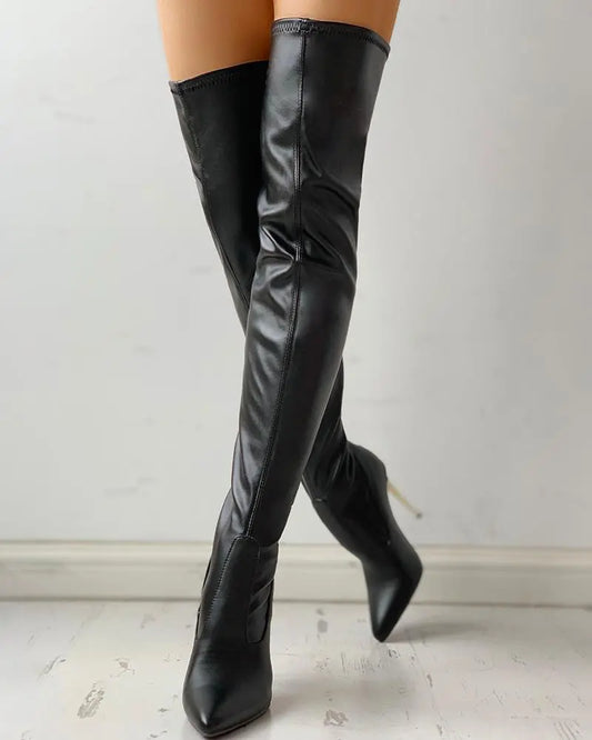 Women's Knee-High Boots Leather Zip-Up Low Heel
