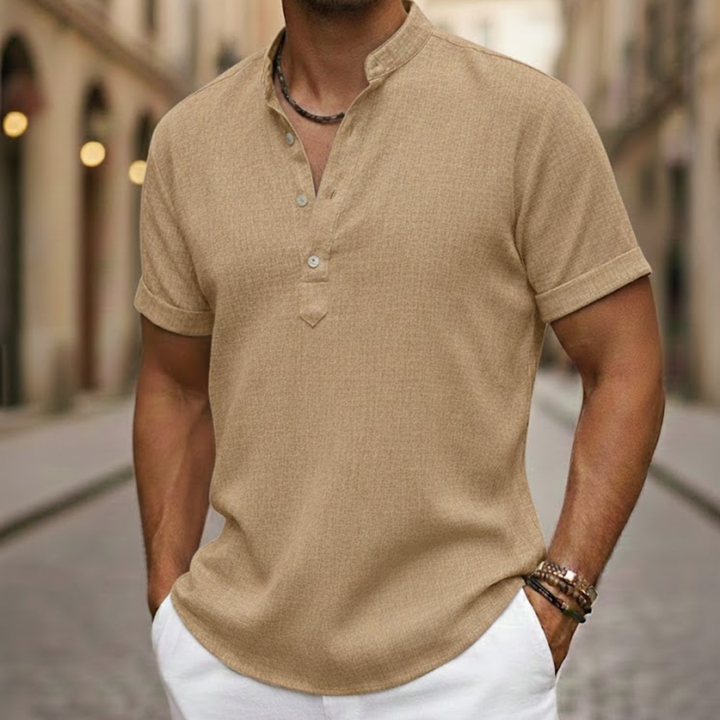 Men Linen Blend Short Sleeve Shirt Henley Collar