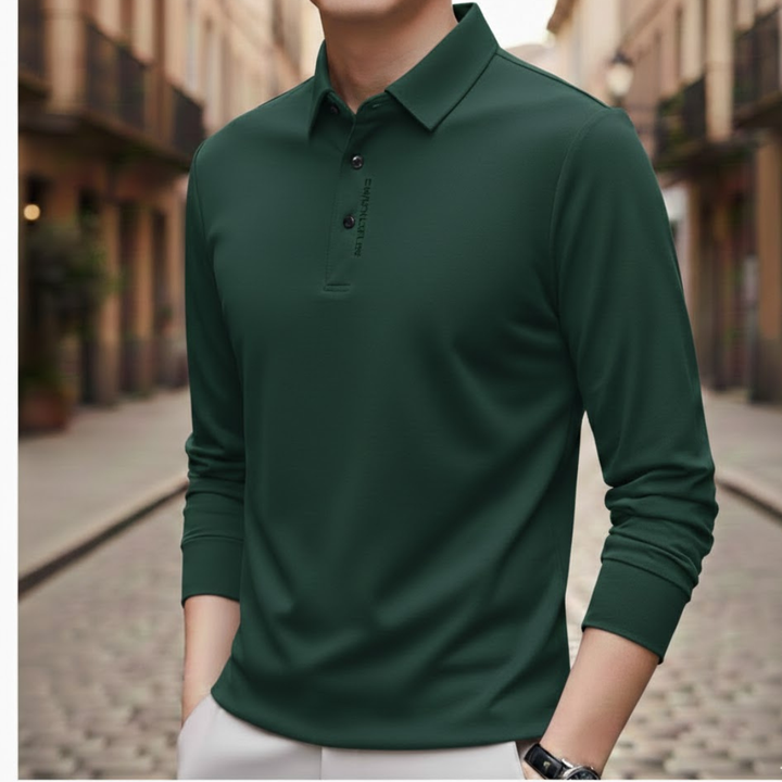Camisa tipo polo de manga larga para hombre, estilo casual de negocios, color sólido