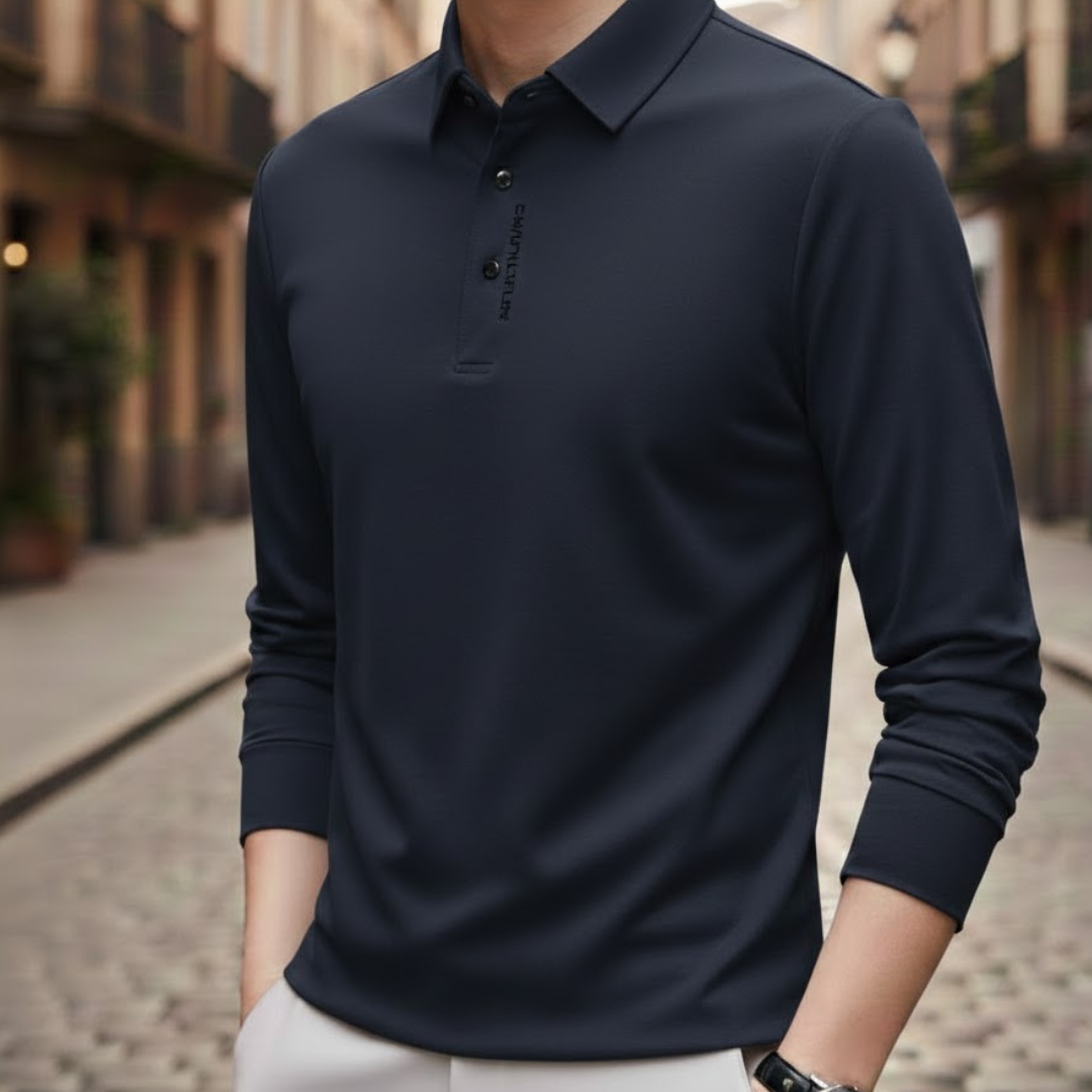 Camisa tipo polo de manga larga para hombre, estilo casual de negocios, color sólido