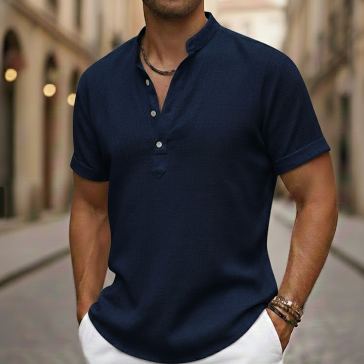 Men Linen Blend Short Sleeve Shirt Henley Collar