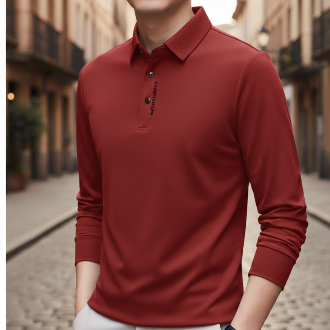 Camisa tipo polo de manga larga para hombre, estilo casual de negocios, color sólido
