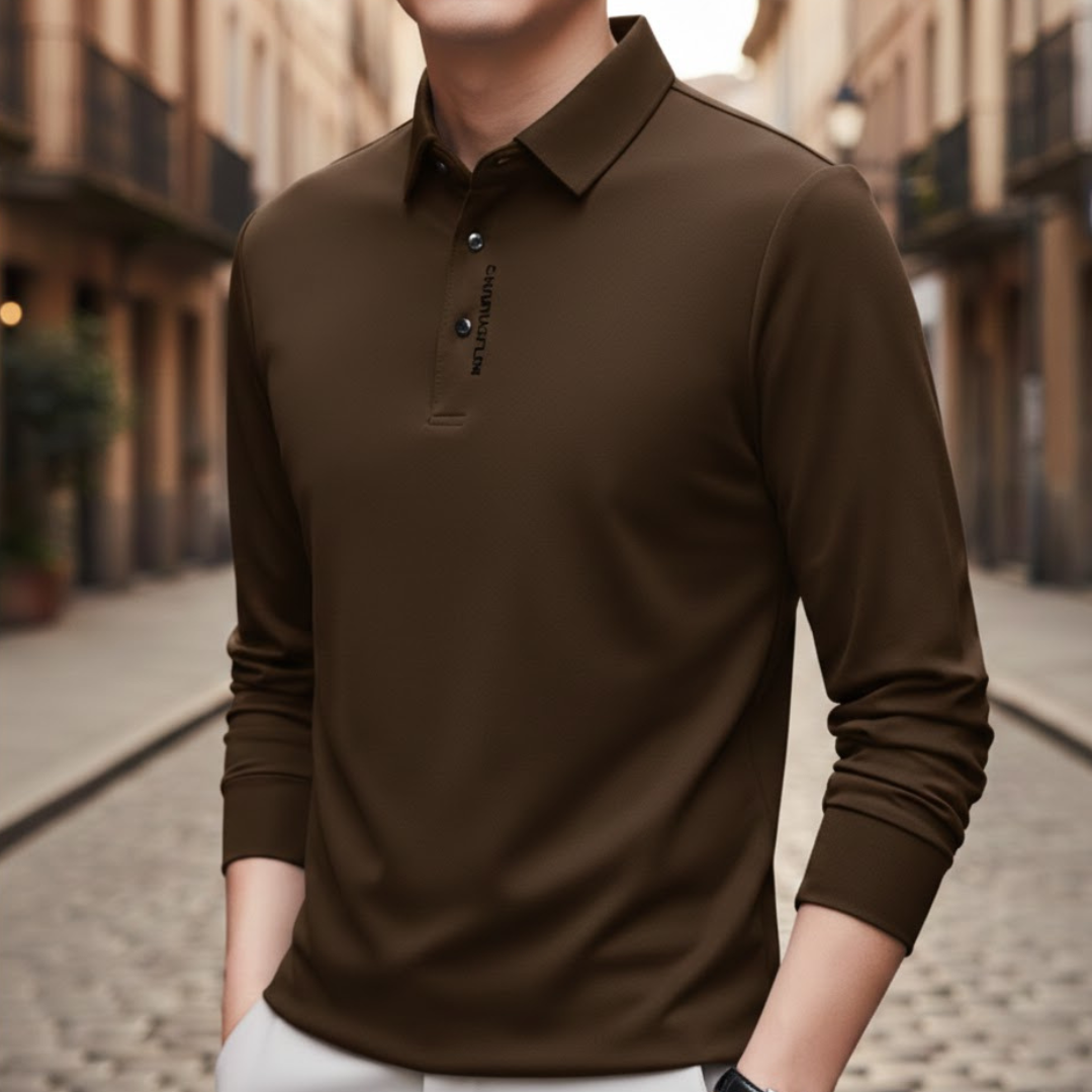 Camisa tipo polo de manga larga para hombre, estilo casual de negocios, color sólido
