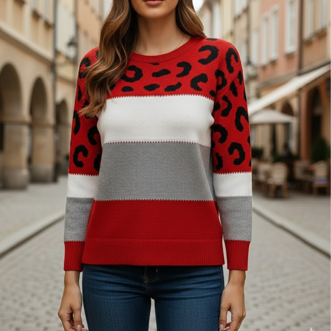 Pull tricoté pour femme à motif léopard, coupe décontractée, manches longues