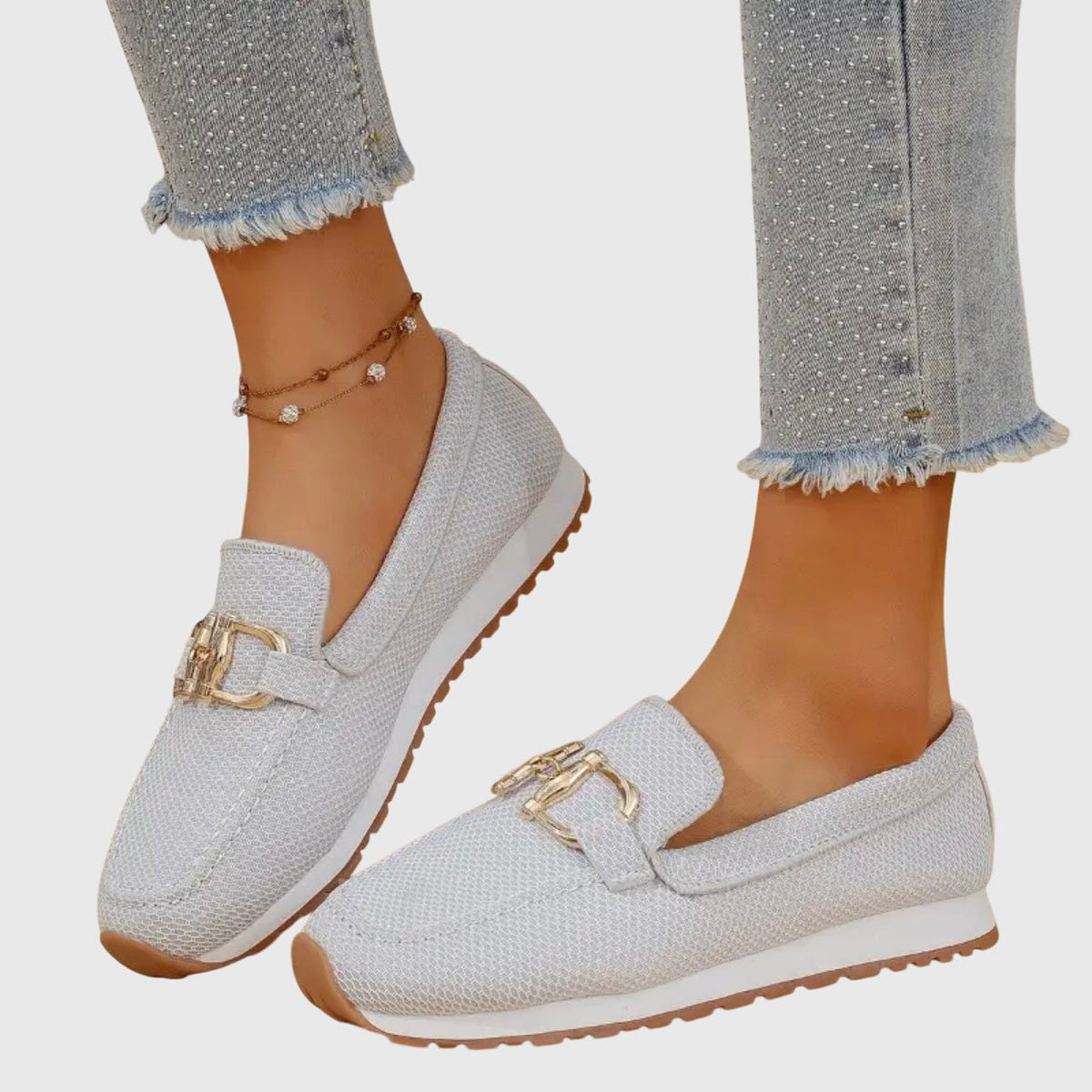 Mocassins orthopédiques pour femmes, à enfiler, semelle intérieure rembourrée, semelle extérieure en caoutchouc, détail métallique