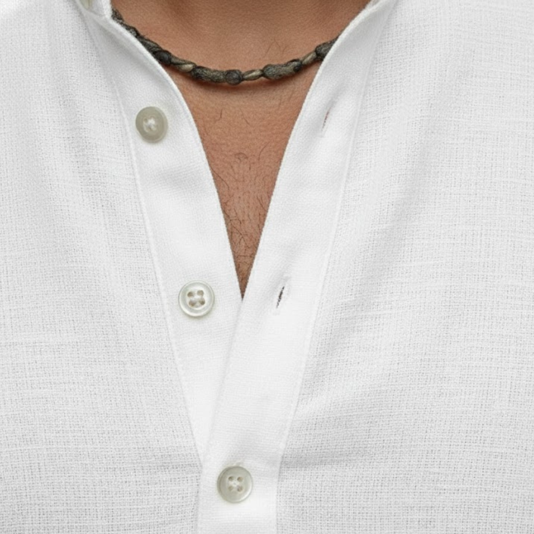 Men Linen Blend Short Sleeve Shirt Henley Collar