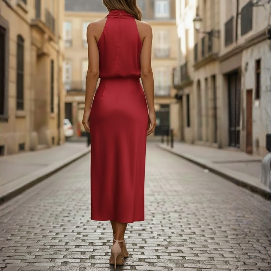 Women Midi Dress High Neck Sleeveless Cotton Blend