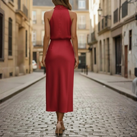 Women Midi Dress High Neck Sleeveless Cotton Blend