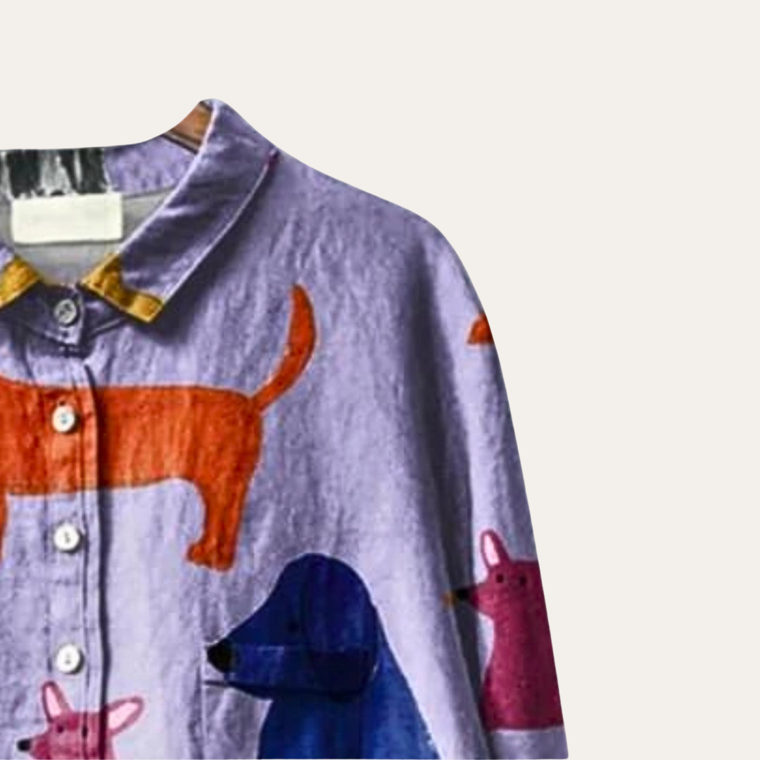 Damen Bluse mit Hunde Motiv Langarm Casual | Vestea