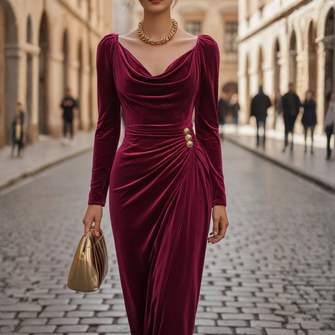 Damen Kleid Lang Mit Drapiertem Ausschnitt | Vestea