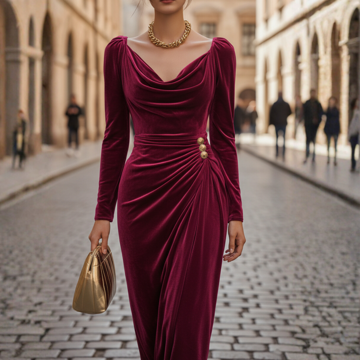 Damen Kleid Lang Mit Drapiertem Ausschnitt | Vestea