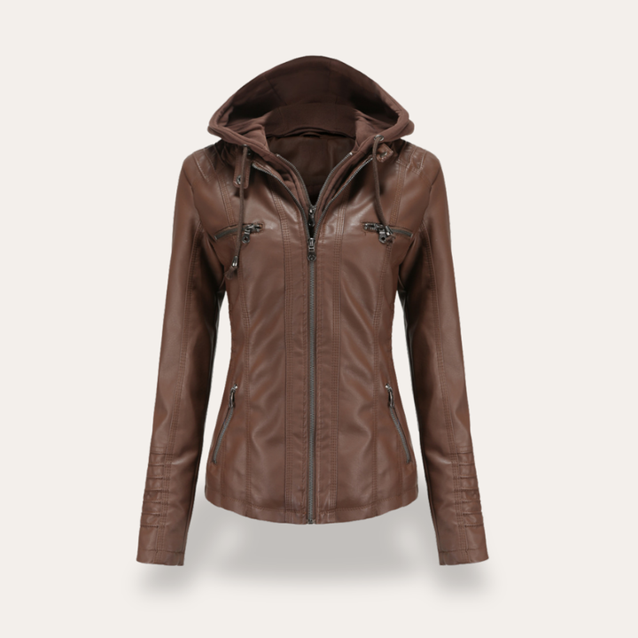 Damen Bikerjacke mit Kapuze Kunstleder Reißverschluss Slim Fit | Vestea