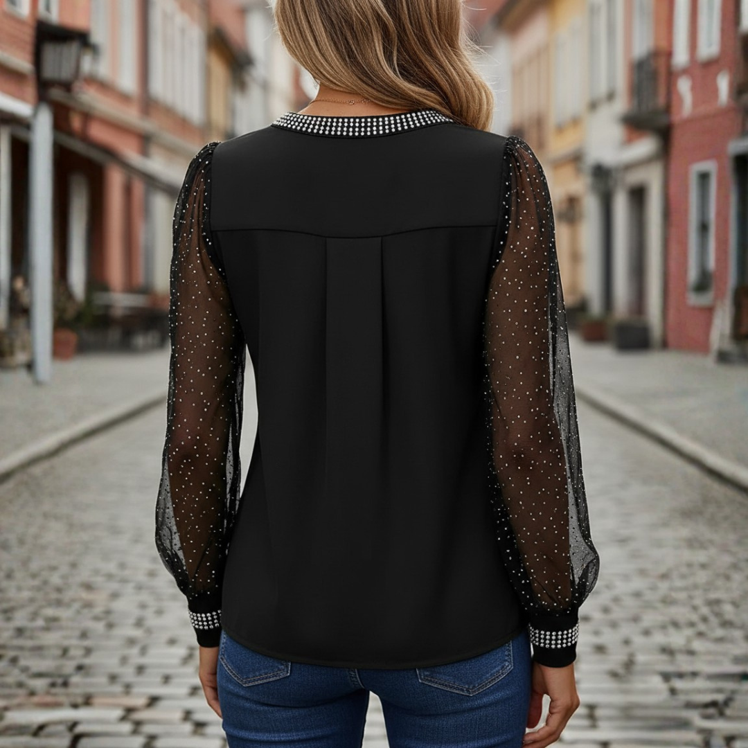 Haut en maille à manches longues avec paillettes et strass noir pour femme