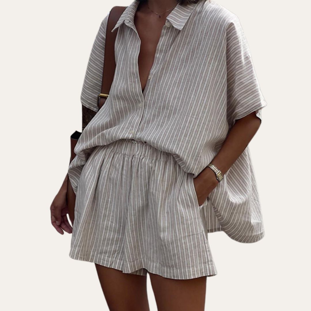 Damen Gestreift Leinen Sommer Set | Vestea