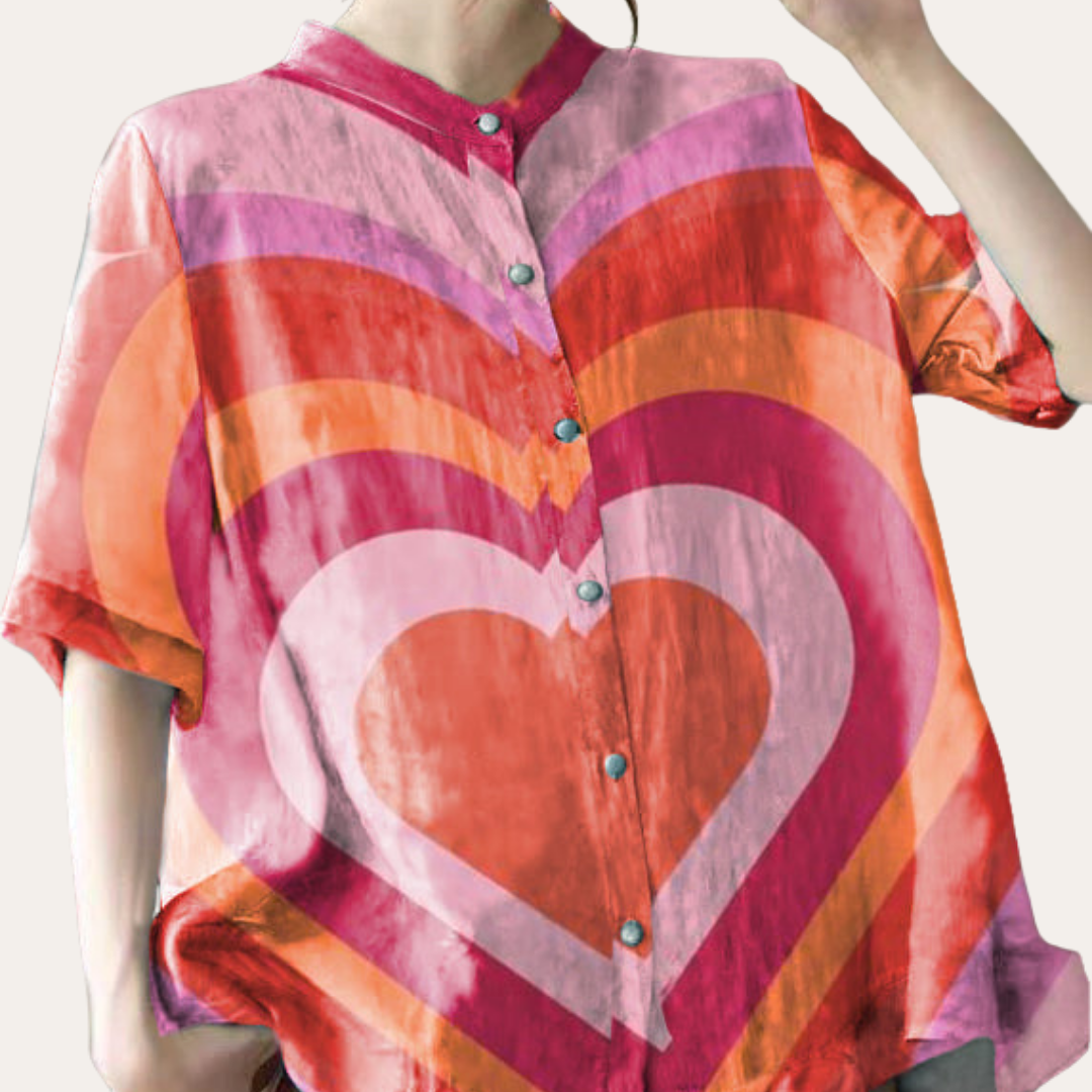 Damen Sommer Leinenbluse Print Kurzarm Stehkragen | Vestea