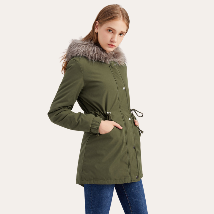 Damen Winterparka mit Kapuze Kunstfell Futter Reißverschluss Taschen | Vestea