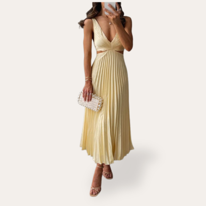 Damen Plisseekleid Midikleid V-Ausschnitt Ärmellos Sommerkleid | Vestea