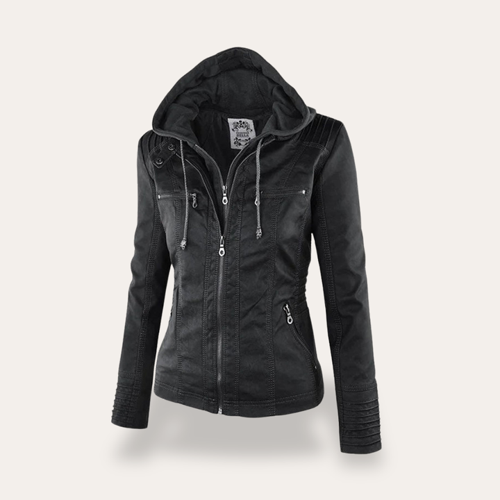 Damen Kunstlederjacke Übergangsjacke Biker Stil mit Kapuze Outdoor | Vestea