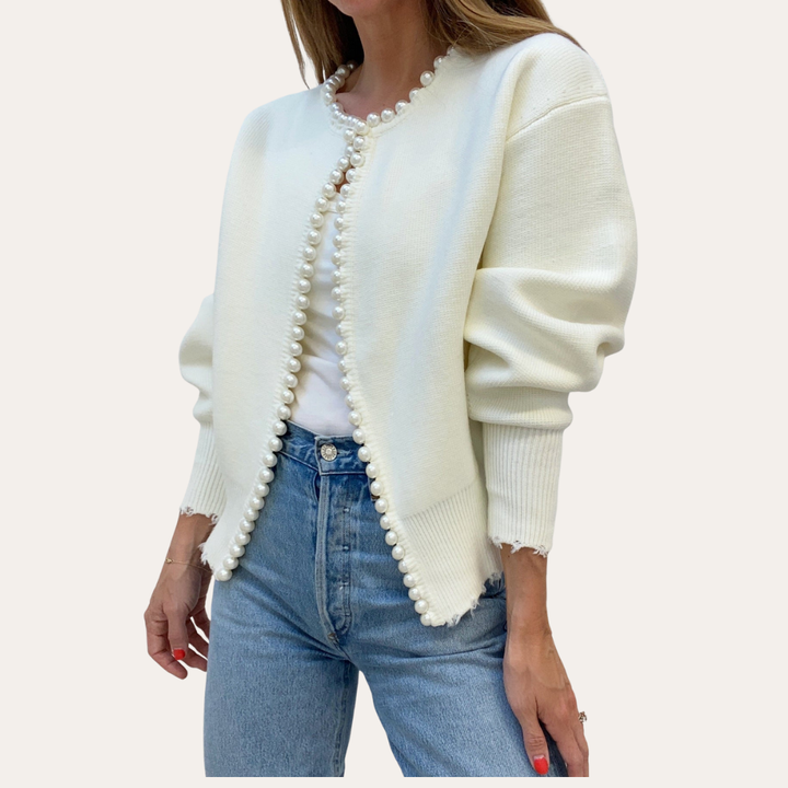 Damen Strickjacke mit Perlenbesatz Langarm Cardigan | Vestea