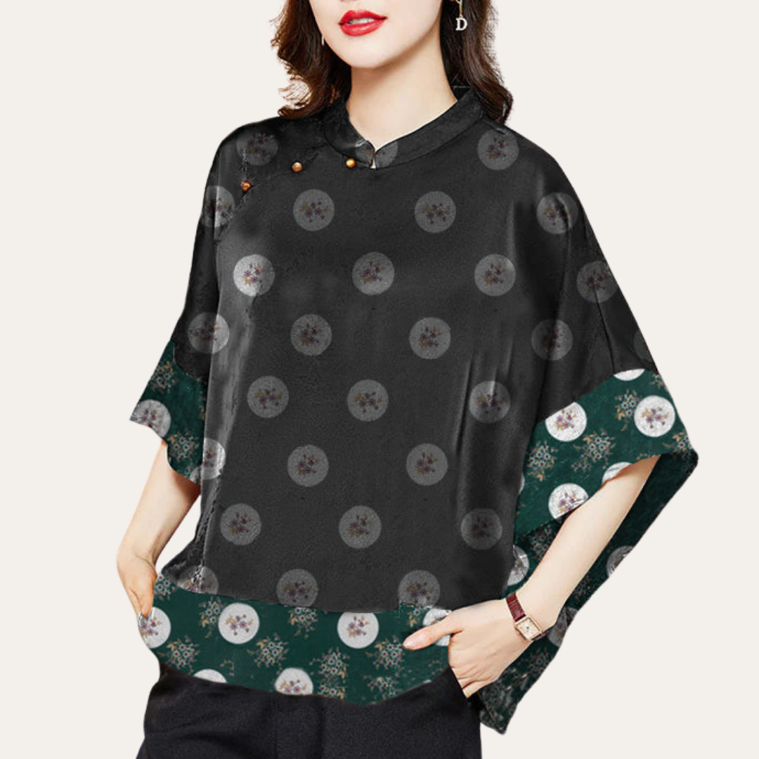 Damen Bluse Kimono Schnitt Muster Stehkragen Kurzarm | Vestea