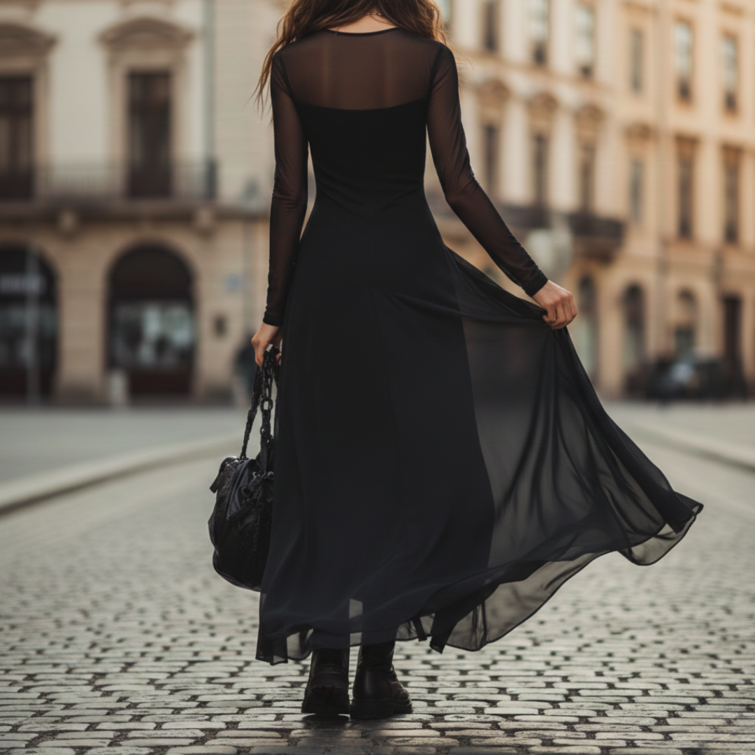 Maxi Dress Tulle Long Sleeve Tiered Black Loose Fit Women
