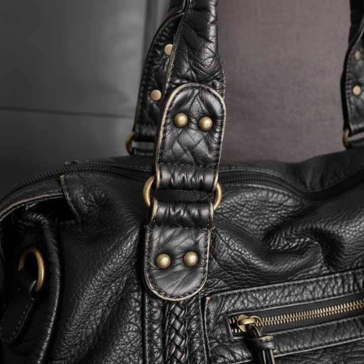 Bolso de mano tipo bandolera de cuero con bolsillos con cremallera trenzados negro para mujer