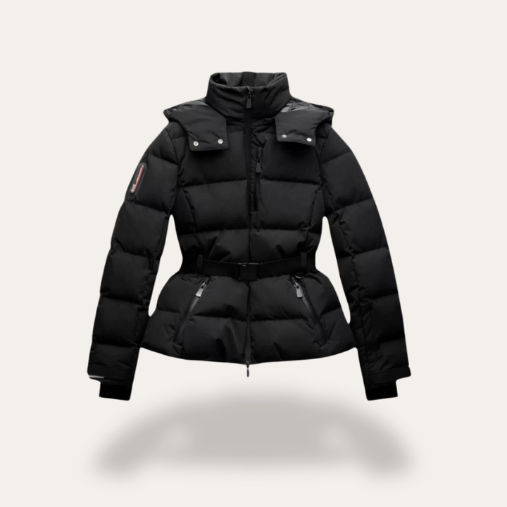 Damen Steppjacke Taillengürtel Reißverschluss Kapuze Winterjacke | Vestea