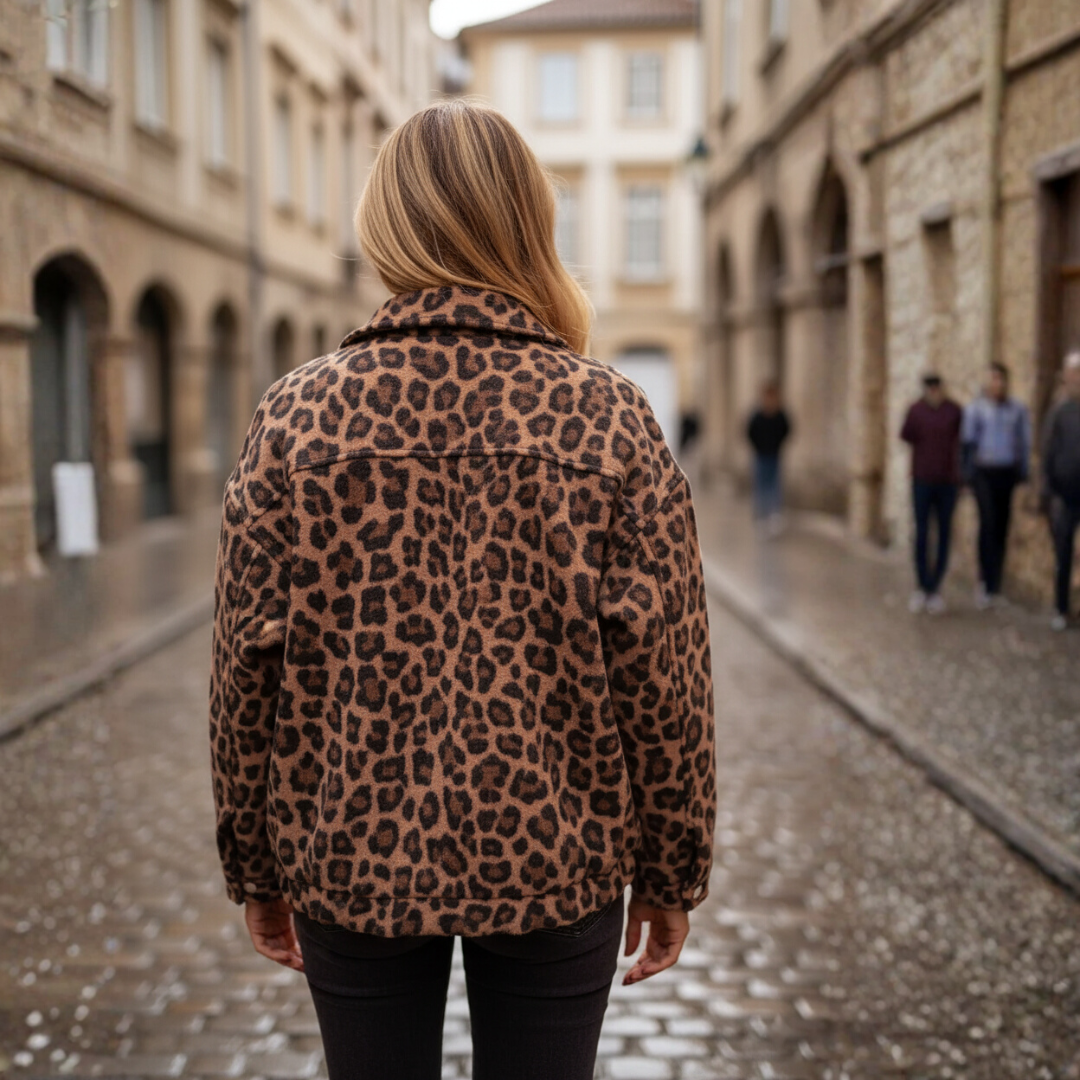 Damenjacke Leopard-Print Shacket aus Wollmischung Oversize | Vestea