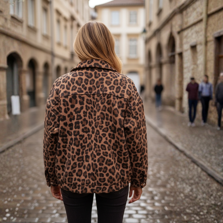 Damenjacke Leopard-Print Shacket aus Wollmischung Oversize | Vestea