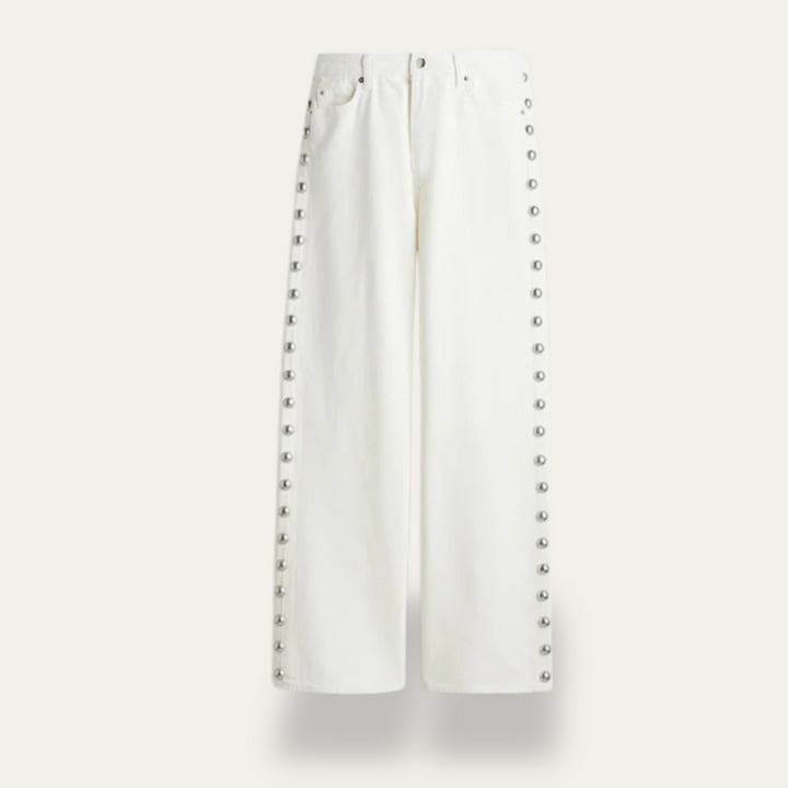 Damen High-Waisted Bootcut Jeans mit Knöpfen an der Seite | Vestea