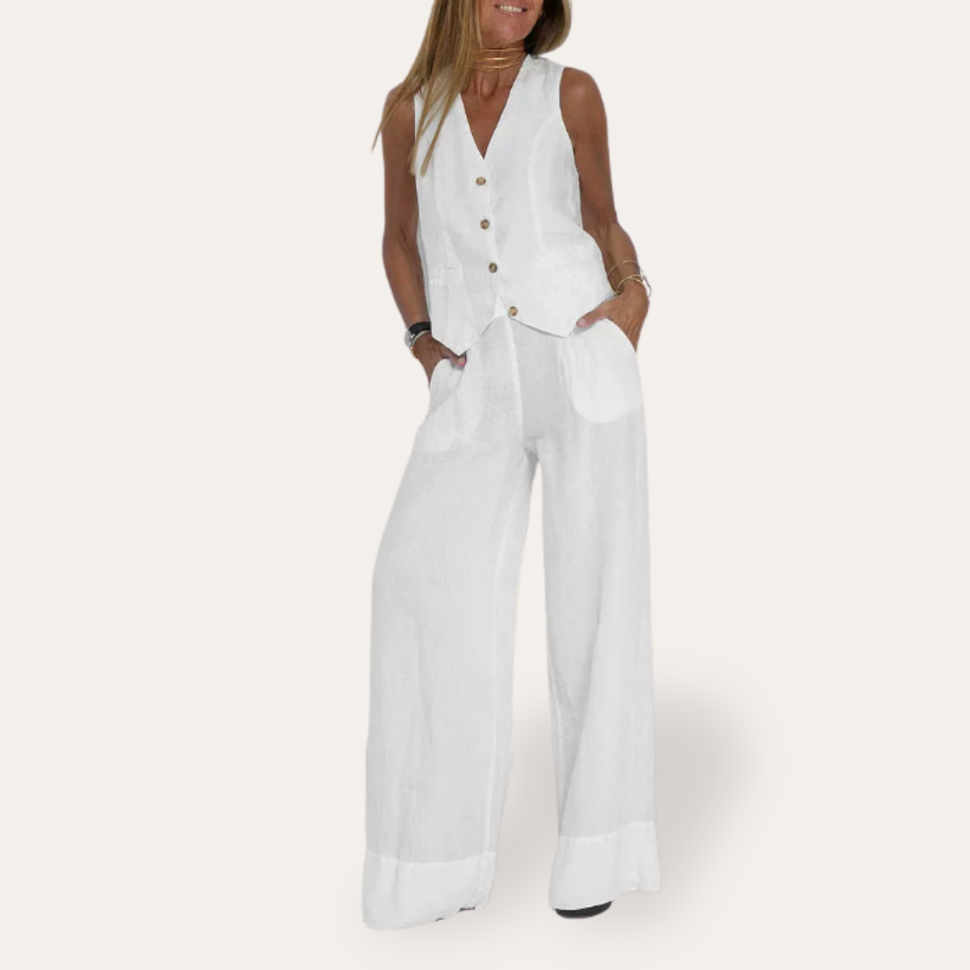 Damen Leinenweste und weite Hose Set Ärmellos Sommer | Vestea