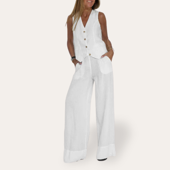 Damen Leinenweste und weite Hose Set Ärmellos Sommer | Vestea