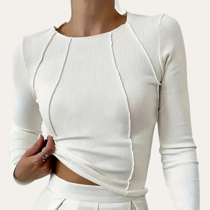 Damen Crop Top Langarm aus Rippmaterial mit Ziernähten | Vestea
