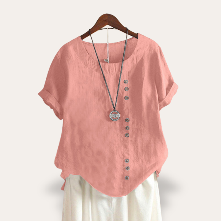 Leinen Damen Bluse mit Knopfleiste Kurzarm Asymmetrisch | Vestea