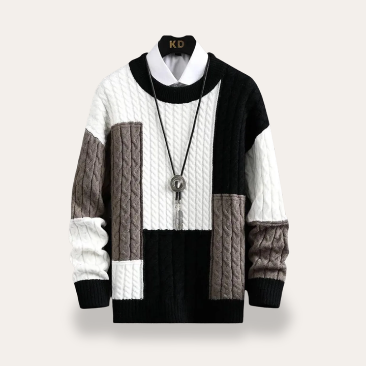 Herren Strickpullover Rundhals Patchwork Zopfmuster | Vestea