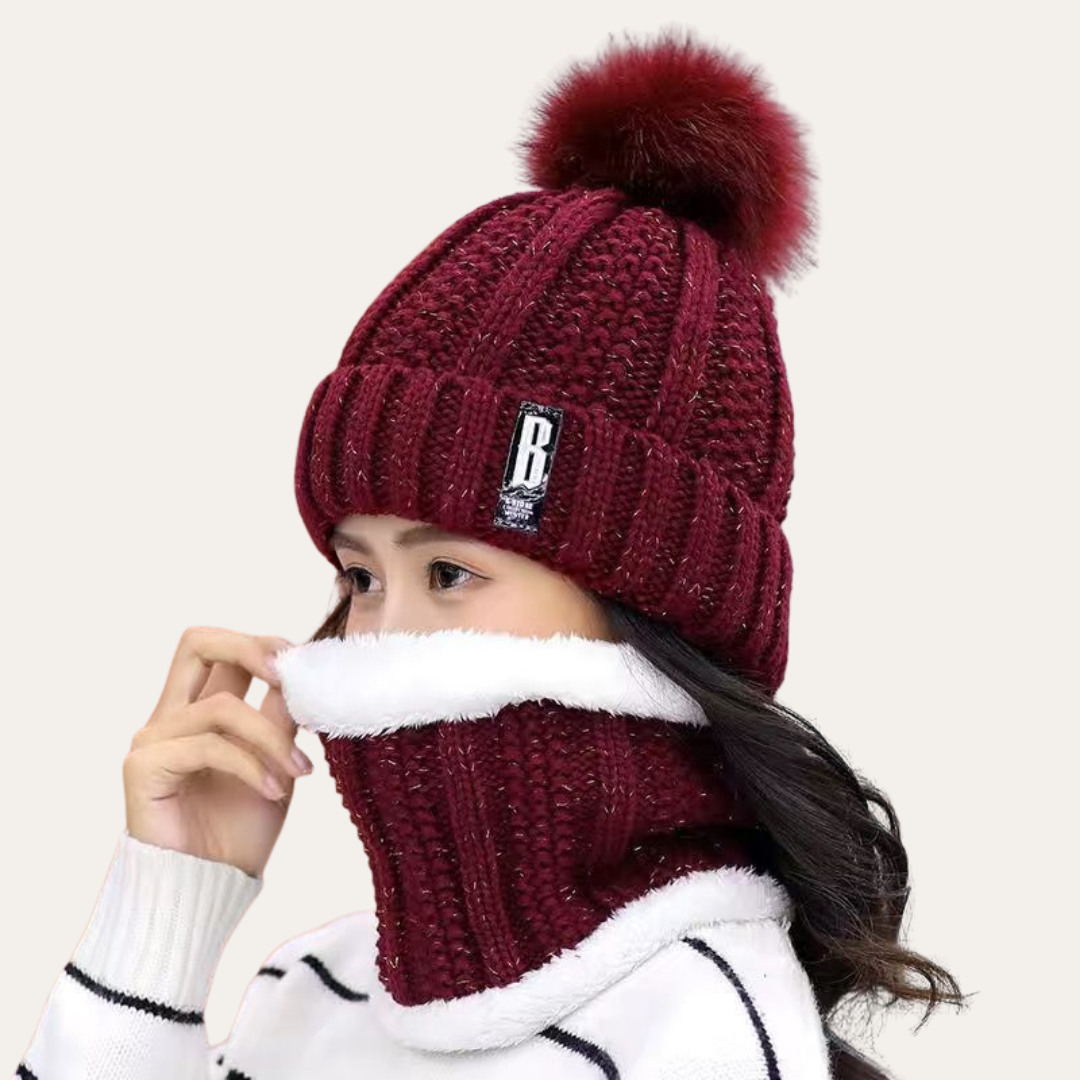 Damen Wintermütze mit Bommel und Strickschal Set | Vestea