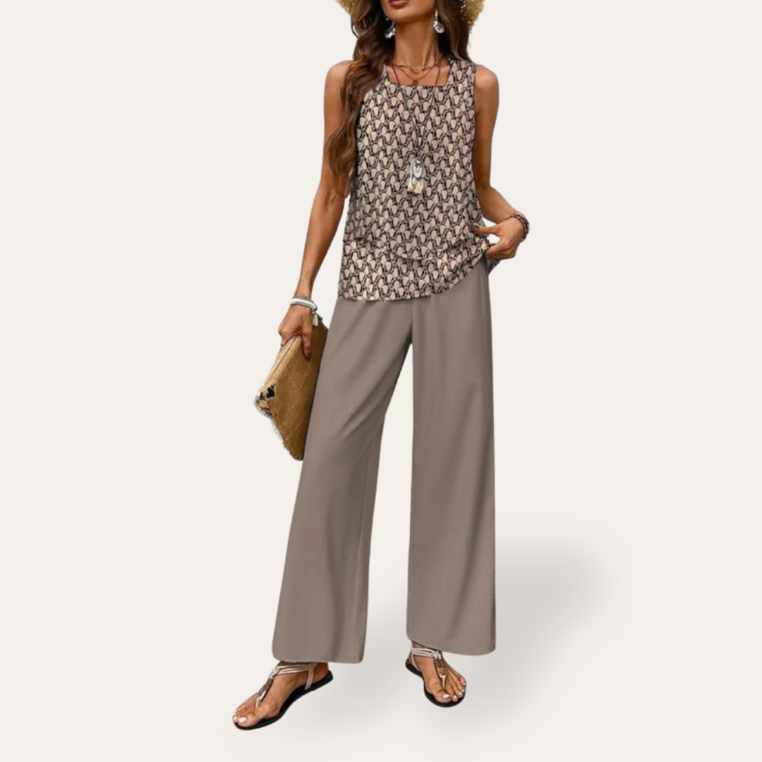 Damen Top mit V-Ausschnitt und weiten Hosen Sommeroutfit | Vestea