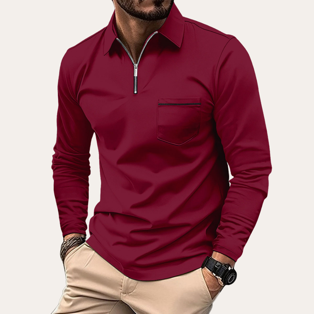 Herren Langarm Poloshirt mit Reißverschluss und Brusttasche | Vestea