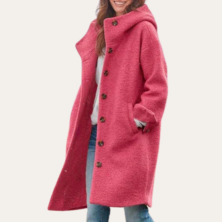 Damen Oversize Wollmantel mit Kapuze Knopfverschluss | Vestea