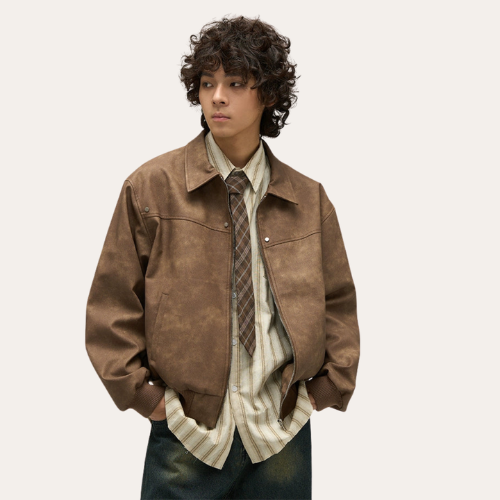 Herren Oversized Jacke mit Druckknöpfen Streetwear Style Kunstleder | Vestea