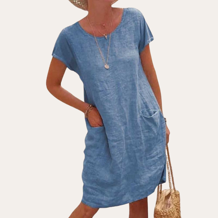 Leinen Sommerkleid mit Taschen Damen Freizeitkleid Kurzarm | Vestea